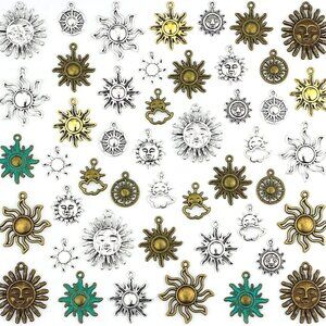 Celestial Sun Charms 42pcs Mixed Antique Gold Silver Bronze Colors Sun Smile Pen